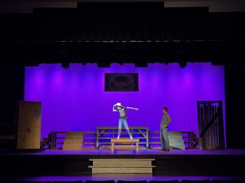 Brock Fowler (left), as Ren, dances as Taylor Haley, as Willard, watches in a scene from “Footloose, The Musical,” which will be on stage at the Telford Center for the Fine and Performing Arts beginning tonight. 