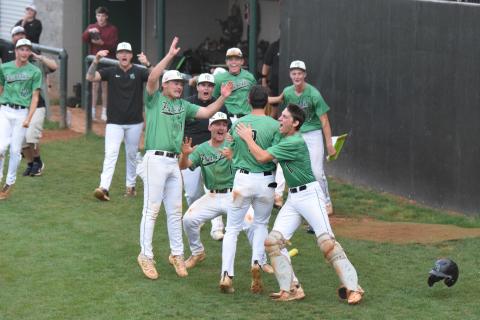The Franklin County Lion baseball team defeated rival Stephens County last week to advance to the state semfinals. The team swarmed Ty Peeples (above right photo) after he scored the winning run in the first game against the Indians.