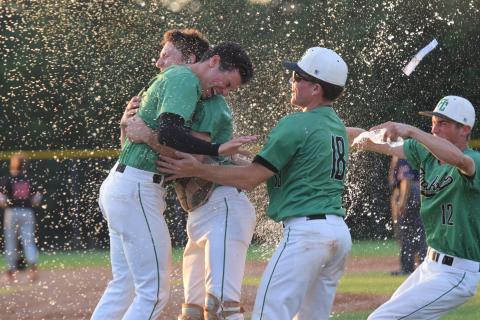 Franklin County Lions Ty Peeples, Will Dodd, Colby Cape and Eli Moore (above) celebrate after the team defeated No. 1-ranked Morgan County on the road last week in the state semifinals.