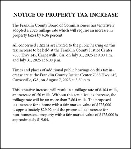 Hearings on “tax increases” by the Franklin County Board of Education and Board of Commissioners will begin today.