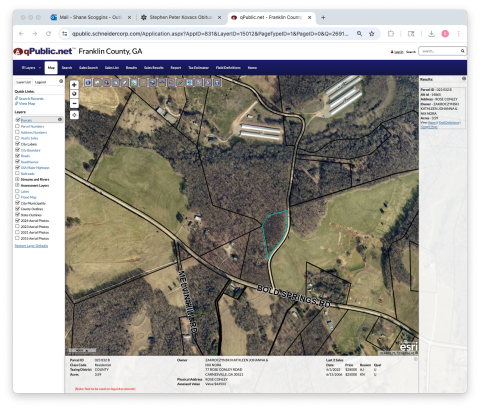 A request to rezone 3.59 acres (bordered in white) on Rose Conley Road from Rural Residential to Heavy Industrial zoning was denied Monday by the Franklin County Board of Commissioners. (Map courtesy of the Franklin County Tax Assessor’s QPublic webpage)