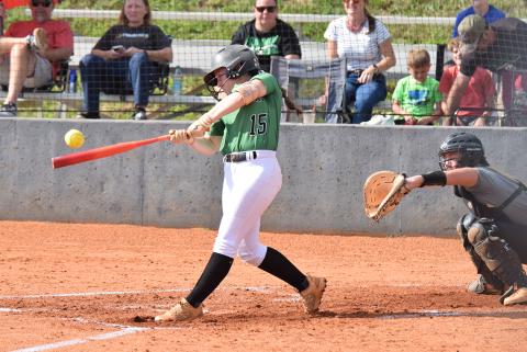 Hayden McGee gets one of her four hits in a doubleheader Friday against Commerce and Madison County at Franklin County High School. The Lady Lions swept their two games by a combined score of 24-5. (Photo by Shane Scoggins)