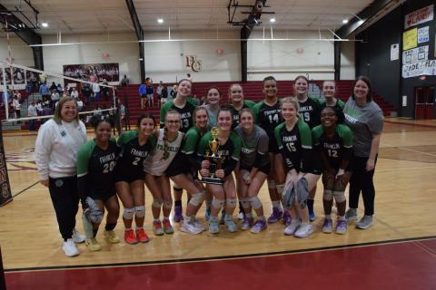 The Franklin County Lady Lions celebrate after finishing as runners-up in the Region 8AA volleyball tournament. Members of the team are Mia Altreche, Enslee Stowers, Molly Fitzgerald, Allison Carroll, Bryleigh White, Callie Frady, Chandler Johnson, Epiphany Mayfield, Sydney Carson, Kallie Thrift, Arrihanna Linder, Brooklyn Smith, Avery Burton and Brooklyn Smith. The team is coached by Amber Adams and Erin Burton.