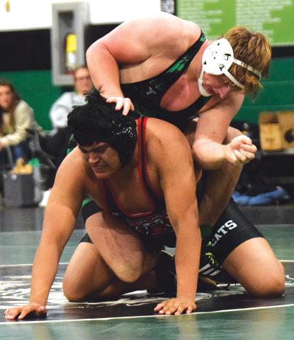 Ramsey Fulbright works to turn a Rabun County opponent during the final home match of the season Tuesday in Carnesville. (Photo by Shane Scoggins)