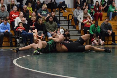 Lion Ramsey Fulbright pins a Rabun opponent in a match earlier this season.
