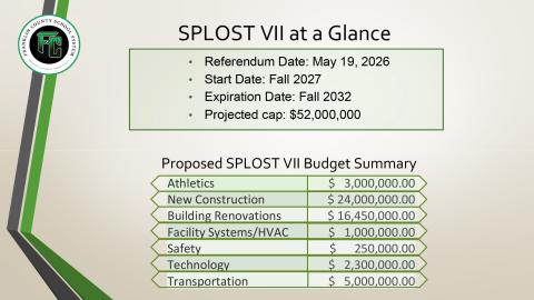 A chart provided by the Franklin County School System shows the proposed spending breakdown for E-SPLOST VII, an extension of the current special purpose local option sales tax for Franklin County Schools.