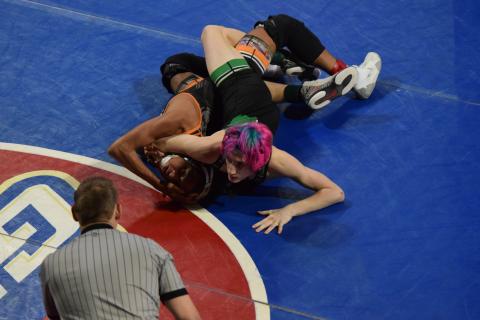 Colt Carroll works to pin an opponent during his run to a state runner-up finish at 106 pounds in the GHSA Traditional Wrestling Tournament held over the weekend in Morrow. (Photo by Shane Scoggins)