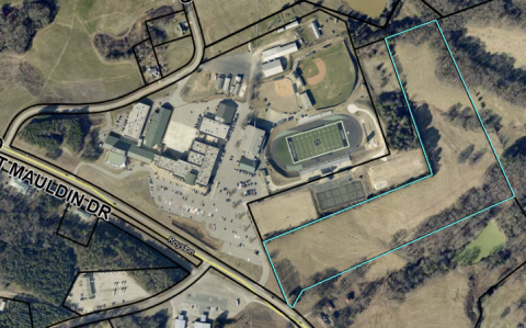 The Franklin County Board of Education voted Tuesday to buy 22.13 acres (outlined in blue) to expand the FCHS campus for future parking or athletic facilities. (Map courtesy of Franklin County qpublic website)