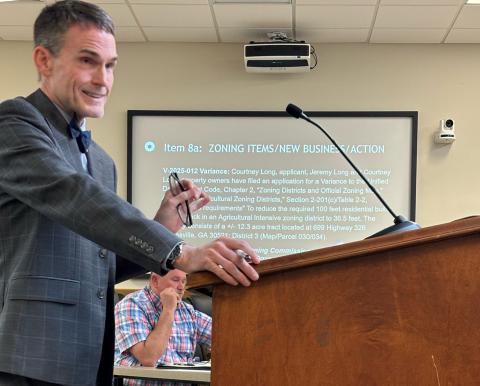 Franklin County attorney Ken Jarrard speaks to commissioners during a debate Monday over a variance request made by Chairman Courtney Long and her family. (Photo by Shane Scoggins)