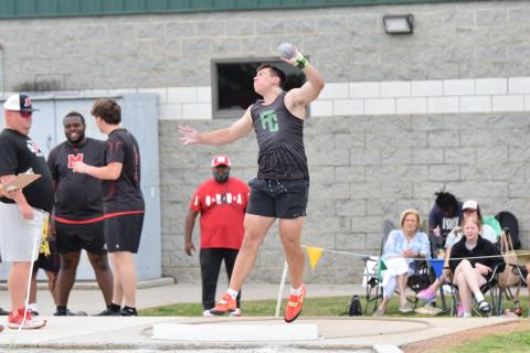 Candler Stone (pictured in action from last season) took first in both the shot put and discus at the Battle of the Blue Ridge meet at Habersham Central Friday.