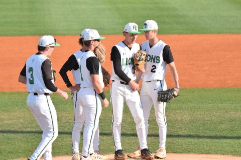 Members of the Franklin County Lion infield gather around pitcher Caden Cawthon during Wednesday's Region 8AA game against Stephens County in Carnesville. (Photo by Shane Scoggins)