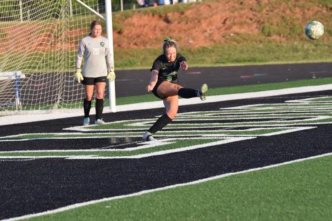 Olivia Shelton launches the ball during a goal kick in Tuesday’s 2-1 Lady Lions’ victory over Seneca at Jeff Davis Field at Ed Bryant Stadium. (Photo by Shane Scoggins)