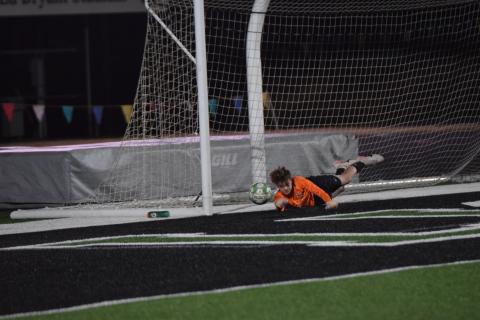 Freshman Ryland Lowery stops a Morgan County penalty shot during Franklin County’s first-round state playoff victory Friday at Jeff Davis Field at Ed Bryant Stadium. (Photo by Shane Scoggins)