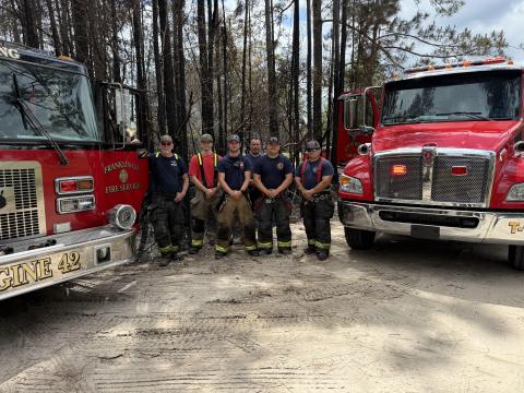 Among the area firefighters helping to battle the South Georgia wildfires are (from left) Gene Davis, Conner Anderson, Isaac Hall, Benji Jones, Sean Cowan and Brady Roberts. Not pictured are Eli Brown, Ryan Vaughn, Jason Williams, Steve Brown, Zach Neese and Landon Bruce. Five of Franklin County’s fire departments sent tanker trucks to be used in shuttling water to Georgia Forestry Commission brush trucks.
