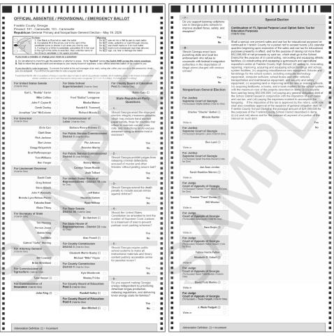 Early voting for the May 19 primaries will open Monday at the Franklin County Elections and Registration Office in Carnesville. Voters in the primary will have to choose from the ballots for the Republican primary (pictured) and Democratic primary. All local races are on the Republican ballot.