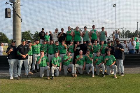 The Franklin County Lions celebrate after winning a three-game series at Appling County last week in Baxley. The win advanced Franklin to the state semifinals for the second year in a row. (Photo courtesy of the Franklin County Lions Baseball Facebook page)