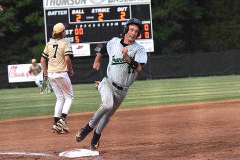 Senior Caden Cawthon rounds third on his way to score one of Franklin County’s 29 runs in a two-game sweep of Thomson Thursday in the second round of the state playoffs. (Photos by Shane Scoggins)