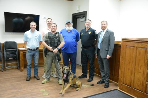 Attending a press conference to introduce the Lavonia Police Department’s new K9 Lobo are (from left) Lavonia City Council Member Jeremy Madden, Andrew Murphy, K9 handler Corporal Justin Parten, Richard Roberts, Police Chief Shane Edmisten and Mayor Courtney Umbehant. (Photos by Charlie Eavenson)