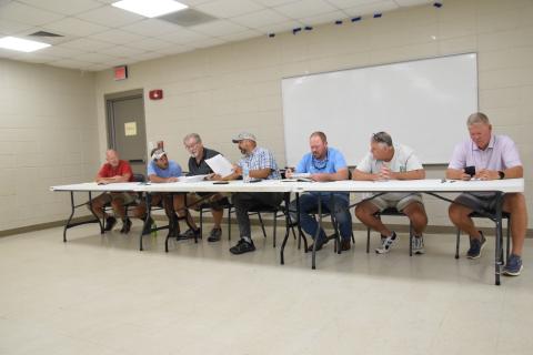 The Franklin County Recreation Commission (from left) Recreation Department Director Randall Gailey, Wesley Varner, Allen Bryant, Chairman Andy Myers, Franklin County Commissioner Josh Smith, Greg Cary and Eric Burrell met Monday.