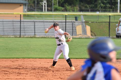 Ella Kinder makes a throw to first from her shortstop position for an out against Lake Oconee Academy Thursday at Franklin County High School. (Photos by Shane Scoggins)