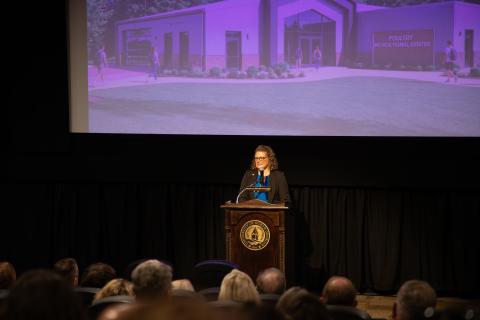 Franklin County native Dr. Linda Purvis is excited about the new poultry science education center being built at UNG’s Gainesville Campus where she is an associate professor of biology and poultry science.  She has been a major proponent of the school having a designated facility to provide hands-on training with equipment students will be using in the industry. Purvis said she still enjoys teaching and having direct contact with the students. (Photo courtesy of Dr. Linda Purvis)