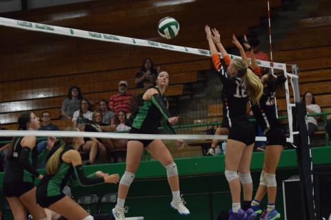 Anna Weathers spikes a ball for a point against Hart County Tuesday in the Lion’s Den. (Photo by Shane Scoggins)