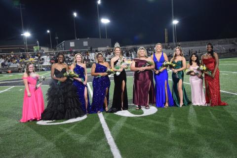 Members of Franklin County High School’s 2026 Homecoming Court are (from left) freshman Cara Lou Hill, sophomore Jyhia Sturghill, junior Sidni Allor, senior Valeria Aragon-Lara, Queen Mia Patterson, senior Mallory Williams, senior Korah Brown, junior Amelia Bennett, sophomore Genevieve Valencia-Sampero and freshman Shaniyah Oglesby.