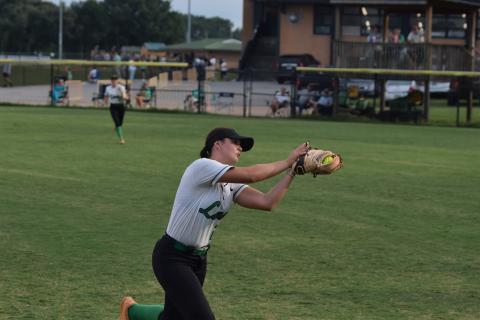 Belle Burgess makes a running catch over her shoulder in a game against Morgan County last week in Carnesville. (Photo by Shane Scoggins)