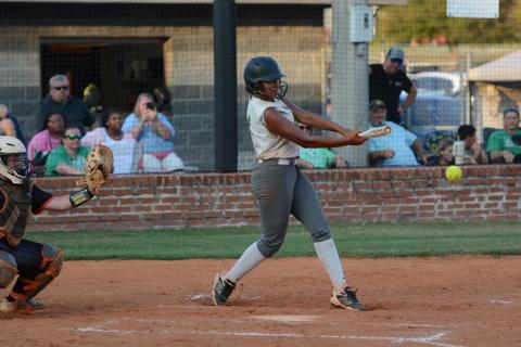 Cheyenne Bennett puts a ball into play in a Region 8AAA contest Thursday at Hart County. (Photo courtesy of Benjamin London of The Hartwell Sun)