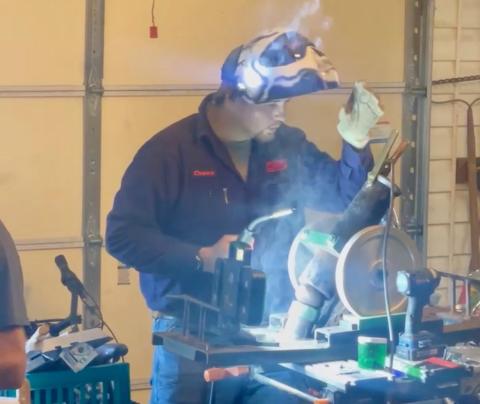 Chance Manus (above) works to repair the cannon fired at Franklin County Lion football games. The cannon (left) needed repairs after 40-plus years of use. (Photos courtesy of LaRue Manus)