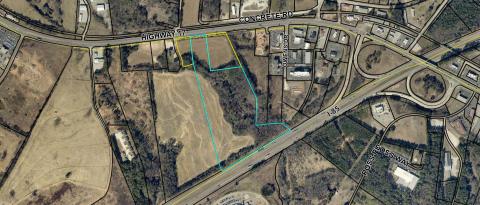 The Lavonia City Council voted Monday to deny a rezoning for a 73-home subdivision on 20 acres (outlined in blue) bordering Highway 17 and I-85 north of Exit 173 intersection. (Map courtesy of Franklin County qpublic website)