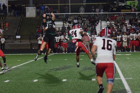 Franklin County’s cheerleaders and fans came out Friday to support the Lions in their Region 8AAA opener against rival Stephens County. The visiting Indians won 42-14, despite five passes caught by Jett Whitworth (above photo).