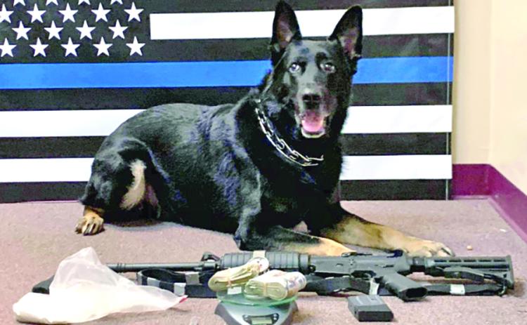 Max, of the Franklin County Sheriff's Office K-9 Unit, sniffed out drugs that led to multiple charges following a traffic stop on I-85.