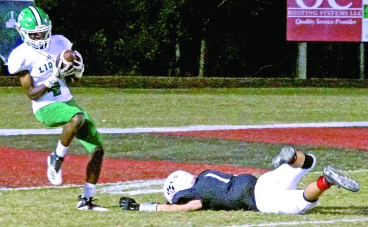 Lion Josh Beasley hauls in a tipped pass for a touchdown Friday night against Jackson County. (Photo by Manus)