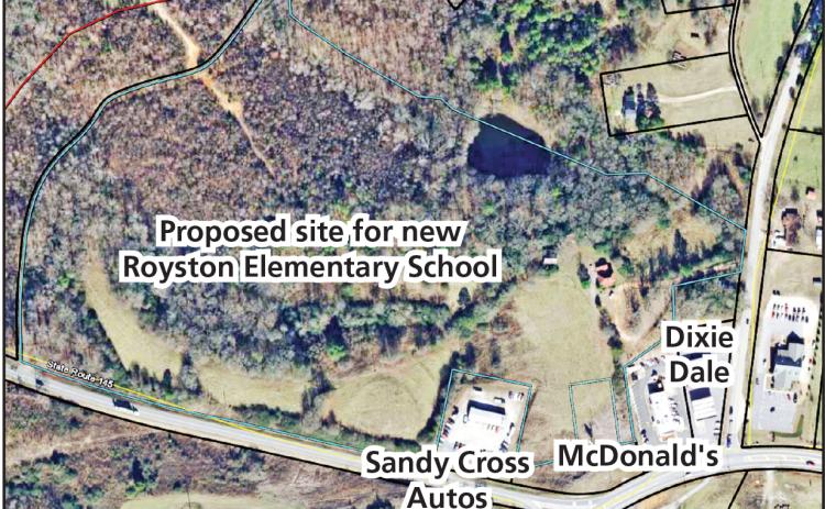Three members of the Franklin County Board of Education spoke in favor Tuesday to ask School Superintendent Chris Forrer to pursue an option on property in Franklin Springs (outlined in blue) as the location for a new Royston Elementary School.