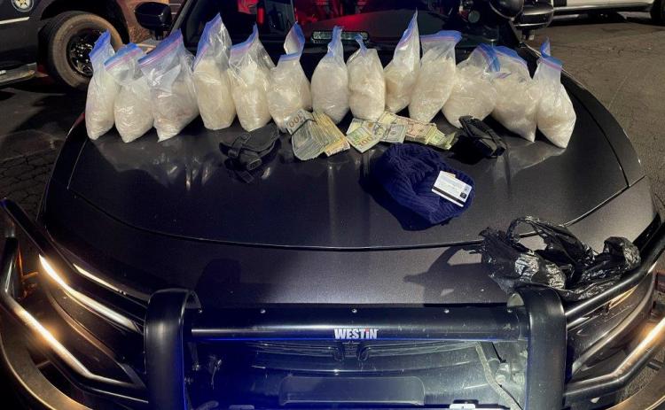 Twenty-eight pounds of methamphetamine with a street value of $200,000 was found during a traffic stop Monday.