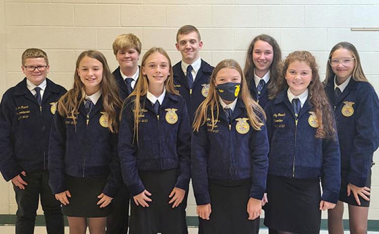The 2020-2021 FCMS FFA Officer Team had to be quite creative during the last school year to remain active and relevant for members when travel was limited and safety was top priority, but these FFA officers found success and have been named a 2021 Middle School Model of Excellence program at the national level. LtoR Mason Ruark, Kami Jackson, Ben Roper, Scarlett Killen, Jake Parham, Rylie Sanders, Hallie Ferguson, Darby Roach and Bella Moon.