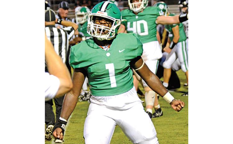 Franklin County linebacker Micah Blackwell (No. 1) celebrates after a Lumpkin County turnover during Friday’s game in Ed Bryant Stadium. (Photo by Scoggins)