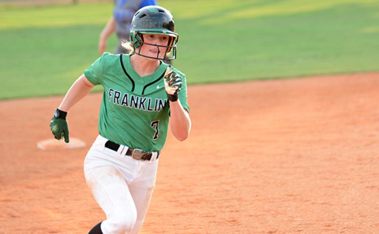 Journey Roberts heads to third during action Tuesday against Banks County at Franklin County High School. Roberts, a junior, is the only non-senior in the starting lineup for the Lady Lions. (Photo by Scoggins)