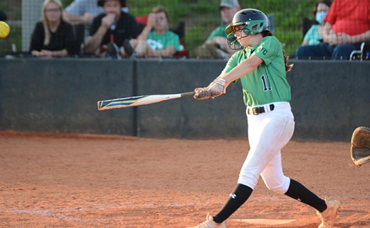 McCall Davis smashes a double during action last week against region rival Hart County in Carnesville. (Photo by Scoggins)