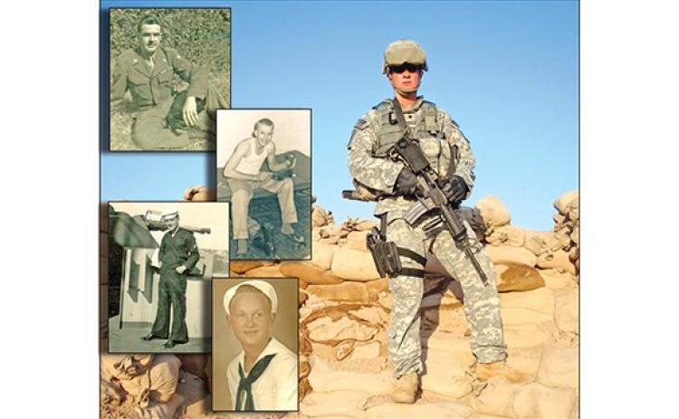 Lavonia’s Jonathan Merck (right) served in Iraq with the U.S. Army and is still in the Army Reserves. His family has a long history of military service dating to the American Revolution and including grandfathers Jim Sapp and Milton Merck and great-great uncles Joseph Gunnells and Clarence Payne (all pictured at left).