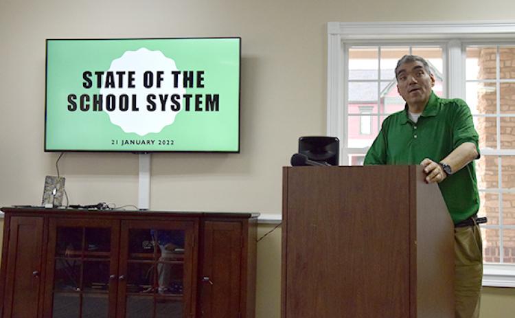 Superintendent Chris Forrer presents the Franklin County Schools Annual Report for the Franklin County Chamber of Commerce Friday. (Photo by Sinclair)