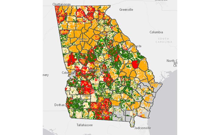 The preliminary State Fiscal Recovery Fund awards are shown in red. Rural Digital Opportunity Fund award areas are shown in green. These two programs have been overlayed on Georgia’s Broadband Availability Map which depicts served census blocks in gold, unserved census blocks in light yellow, and areas with no locations in gray. (Source: Office of Gov. Brian Kemp)