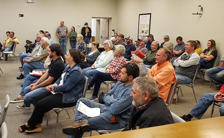 About 50 people filled the Franklin County Commissioners’ meeting Monday at the Justice Center to listen to the board debate and watch it vote to impose a 90-day moratorium on subdivisions. (Photo by Scoggins)