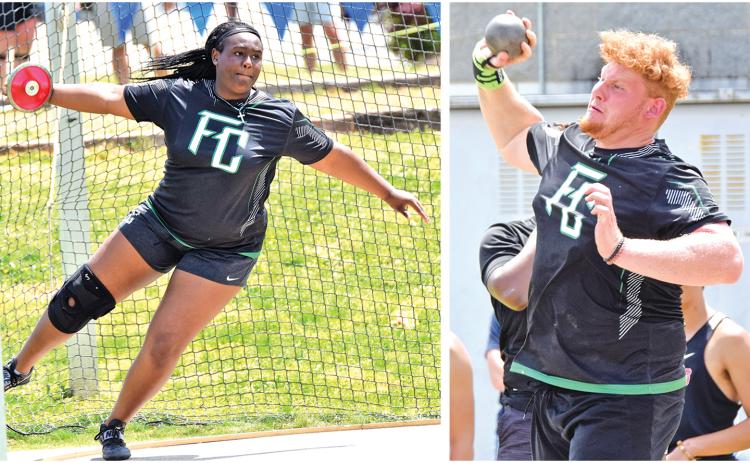 Saniya Heard (left) and Keylan Rutledge (right) won Region 8AAA championships Monday in the girls’ discus and boys’ shot put, respectively. (Photos by Scoggins)