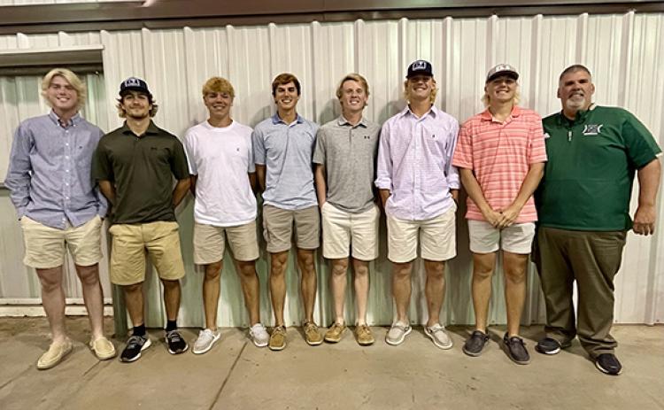 All-Region 8AAA honors went to Franklin County baseball Lions (from left) Chandler Coulter, Dee Oliver, A.J. Peeples, Ty Peeples, Miles Dodd, Kayne Jinks and Lawson Gailey. They are pictured with Coach David Skelly. (Photo courtesy of Christy Dodd)