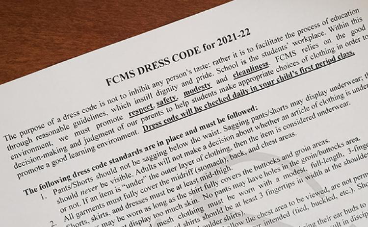 The middle school’s dress code states that dress code will be checked during first period.