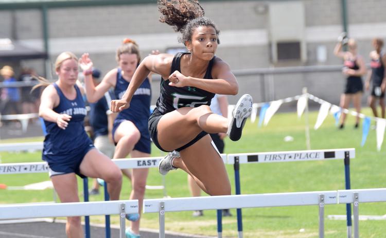 Region 8AAA 100 meter hurdle champion Alexus Knox will lead a contingent of 23 Franklin County track athletes into the state sectional meet Saturday at East Jackson. (Photo by Scoggins)