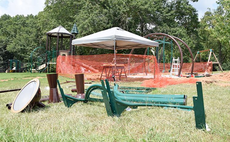 Workers continue to install new accessible playground equipment at Lavonia Memorial Park. (Photo by Sinclair)
