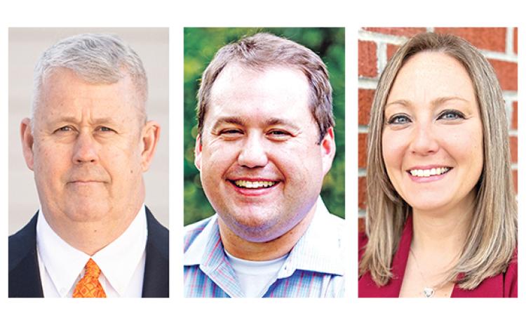 Candidates for chairman of the Franklin County Board of Commissioners in Tuesday’s election are (from left) Jeff Jacques, Doug Kidd and Courtney Long.
